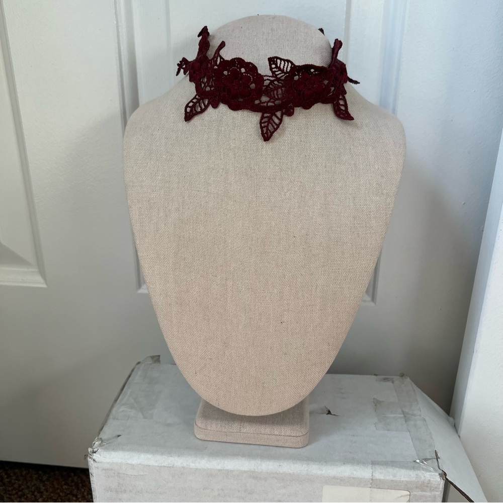 Maroon red lace wide choker collar necklace adjustable woven string intricate